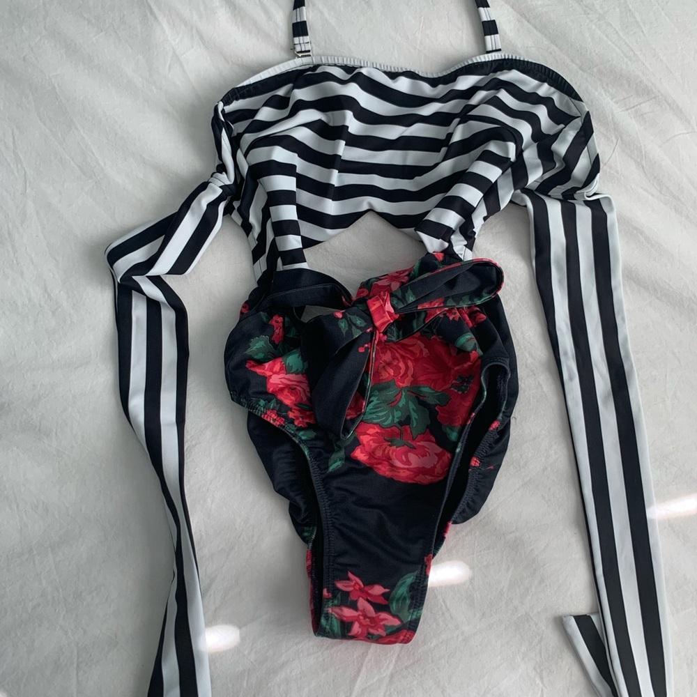 Albion Fit floral and stripe one piece swim suit